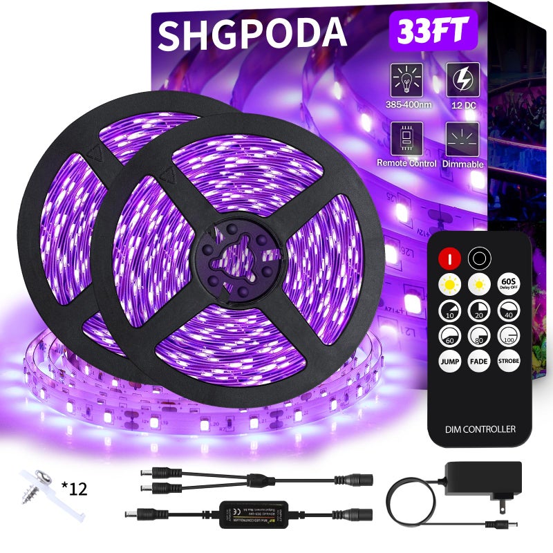 SHGPODA شريط إضاءة أسود SHGPODA بطول 33 قدم مع جهاز تحكم عن بعد، 600 LED، أضواء سوداء مرنة قابلة للتعتيم 12V لحفلات التوهج، غرفة النوم، هالوين، ملصق قماش فلوريسنت، 3 أوضاع إضاءة، غير مقاوم للماء - Image 1